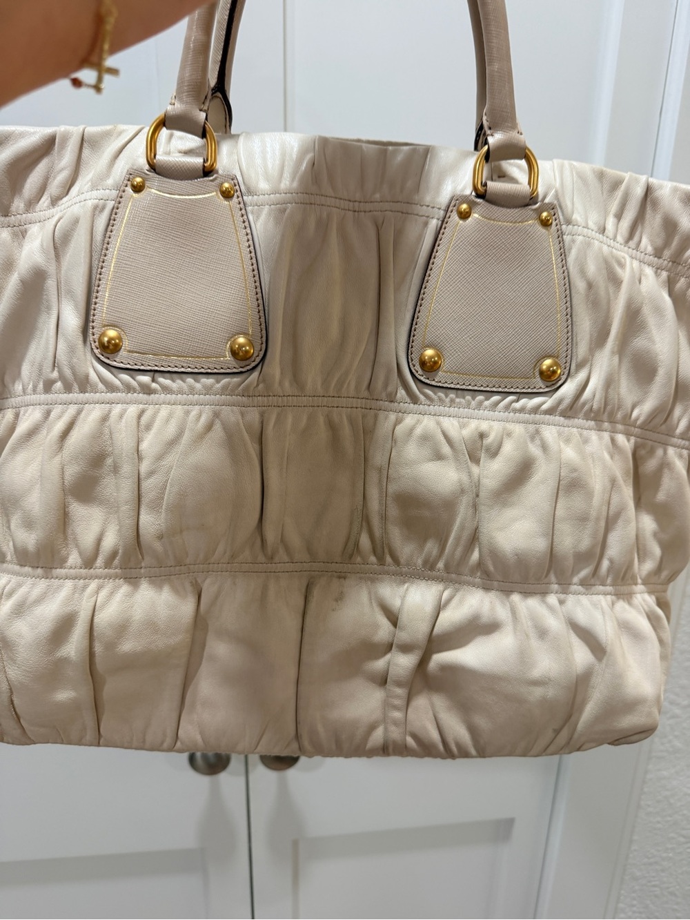 PRADA Gaufre Tote Bag Beige Lambskin Leather | Gold Hardware | VERY GOOD ❣️ - Picture 13 of 17